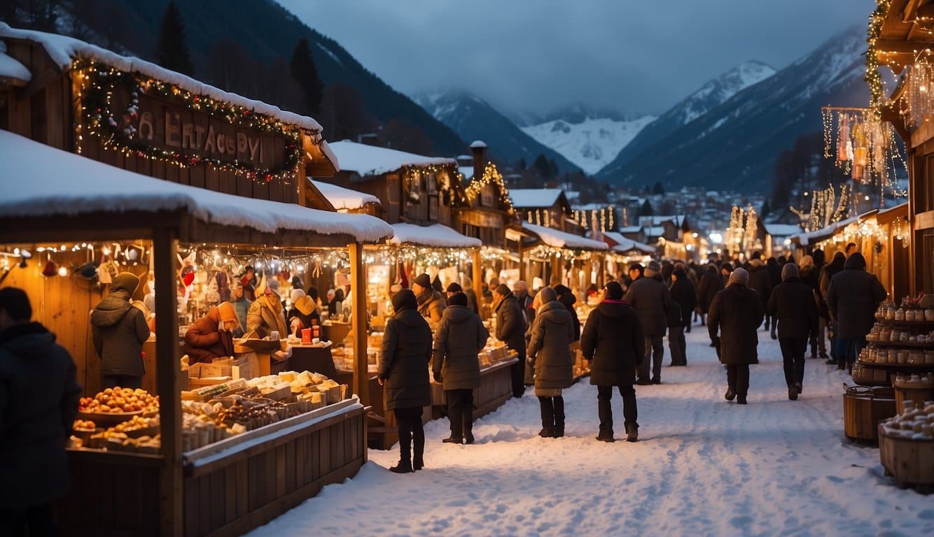 Colorful stalls line the snowy streets, adorned with twinkling lights and festive decorations. Crowds browse through handcrafted gifts, savoring the aroma of hot cocoa and roasted chestnuts. Snow-capped mountains provide a picturesque backdrop