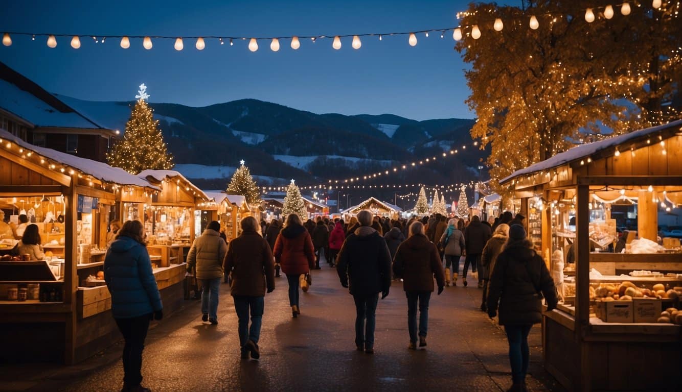 Colorful Christmas market booths line the streets of Sevierville, Tennessee. Glowing lights illuminate the festive scene, with snow-covered mountains in the background