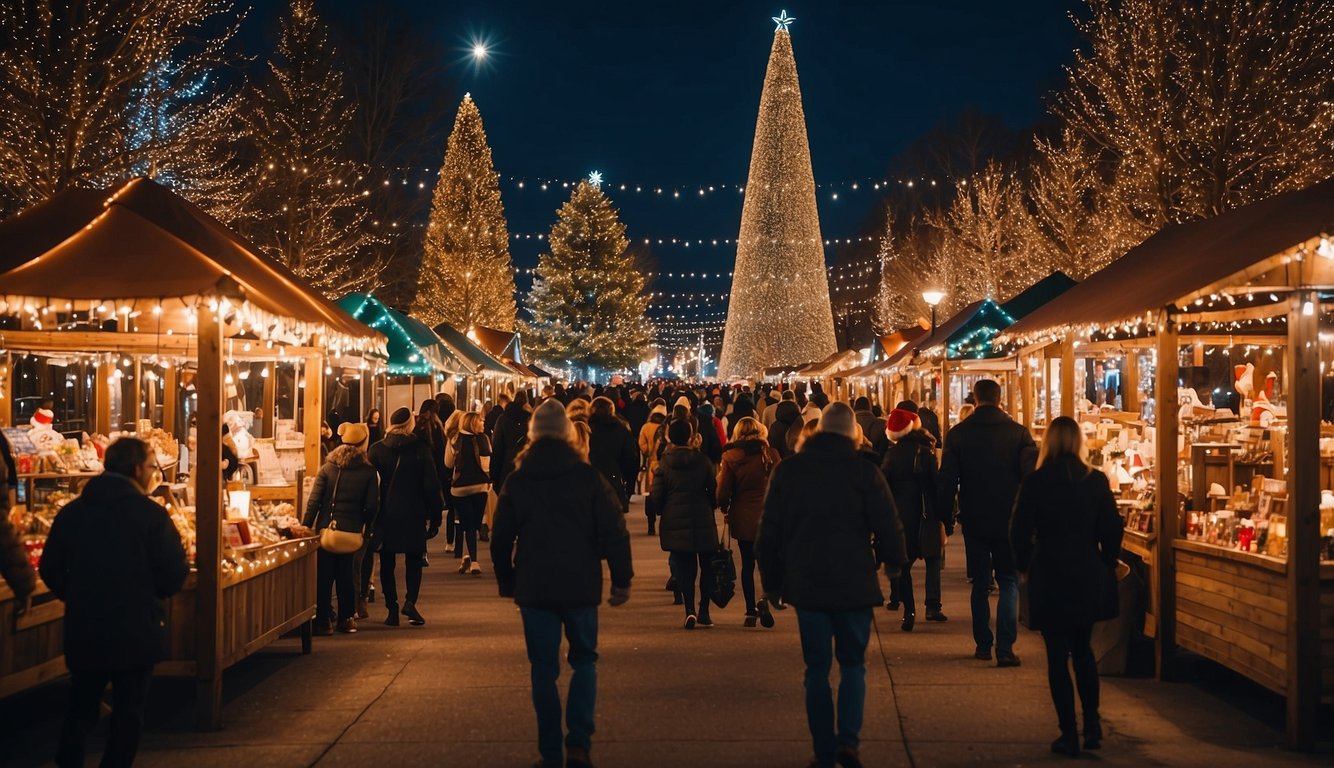 A bustling market with twinkling lights, festive decorations, and lively music. Vendors sell holiday treats and handmade gifts under a starry sky