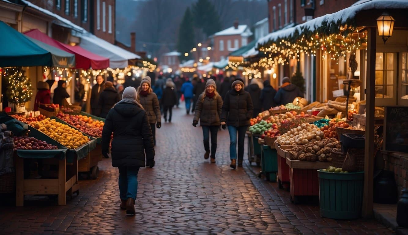 Colorful market stalls line the streets of Jonesborough, filled with festive decorations and twinkling lights. The scent of roasted chestnuts and hot cocoa fills the air as families gather to browse and shop