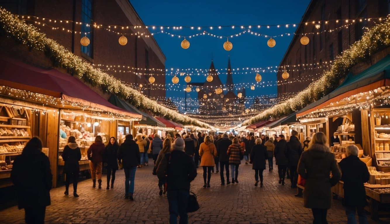 The bustling Christmas market in Tennessee is adorned with twinkling lights and festive decorations, with vendors selling handmade crafts and delicious holiday treats