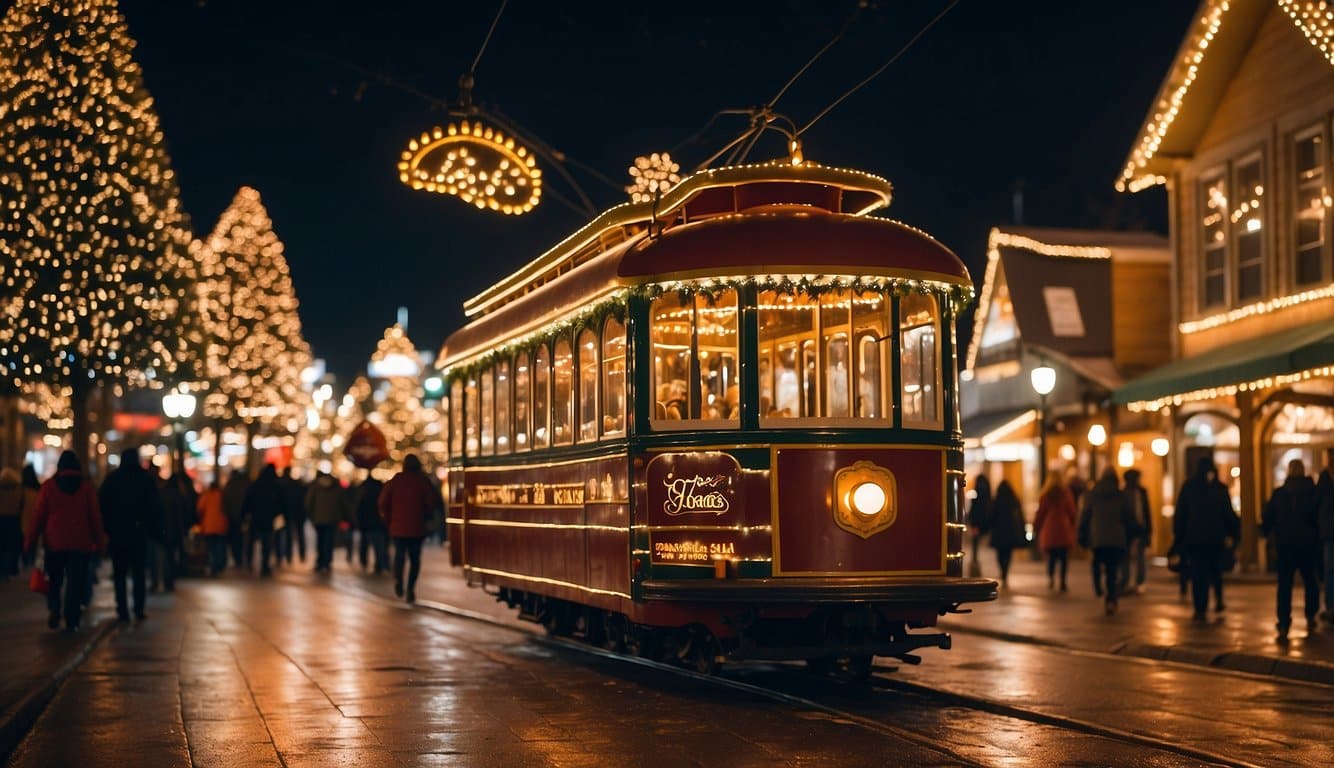 A trolley glides through Gatlinburg's Winter Magic, passing twinkling Christmas markets in Tennessee, 2024