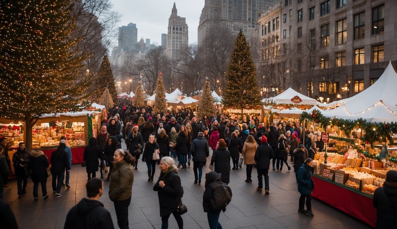 The Union Square Holiday Market is bustling with festive energy, adorned with twinkling lights and colorful decorations. Vendors display an array of unique gifts and delicious treats, while visitors browse and soak in the holiday spirit