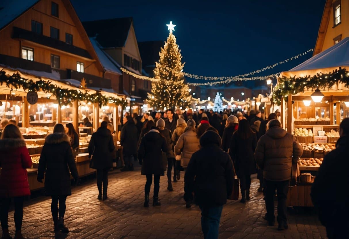 The bustling Christmas market in East Aurora is filled with festive stalls, twinkling lights, and joyful carolers, creating a magical holiday atmosphere