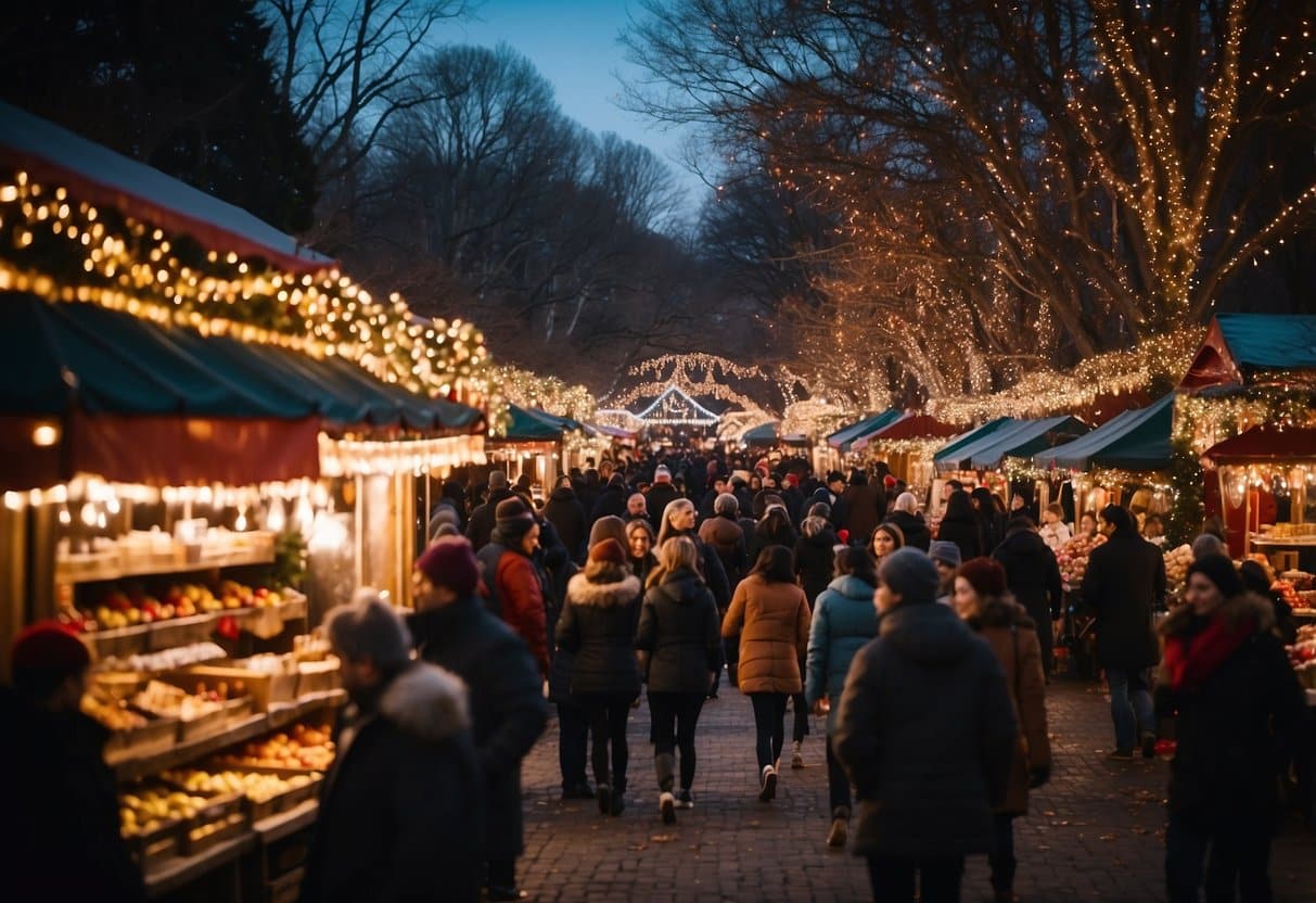 Snow-covered stalls line the streets, adorned with twinkling lights and festive decorations. Crowds of visitors browse through the market, sipping hot cocoa and admiring the array of handmade crafts and holiday goodies