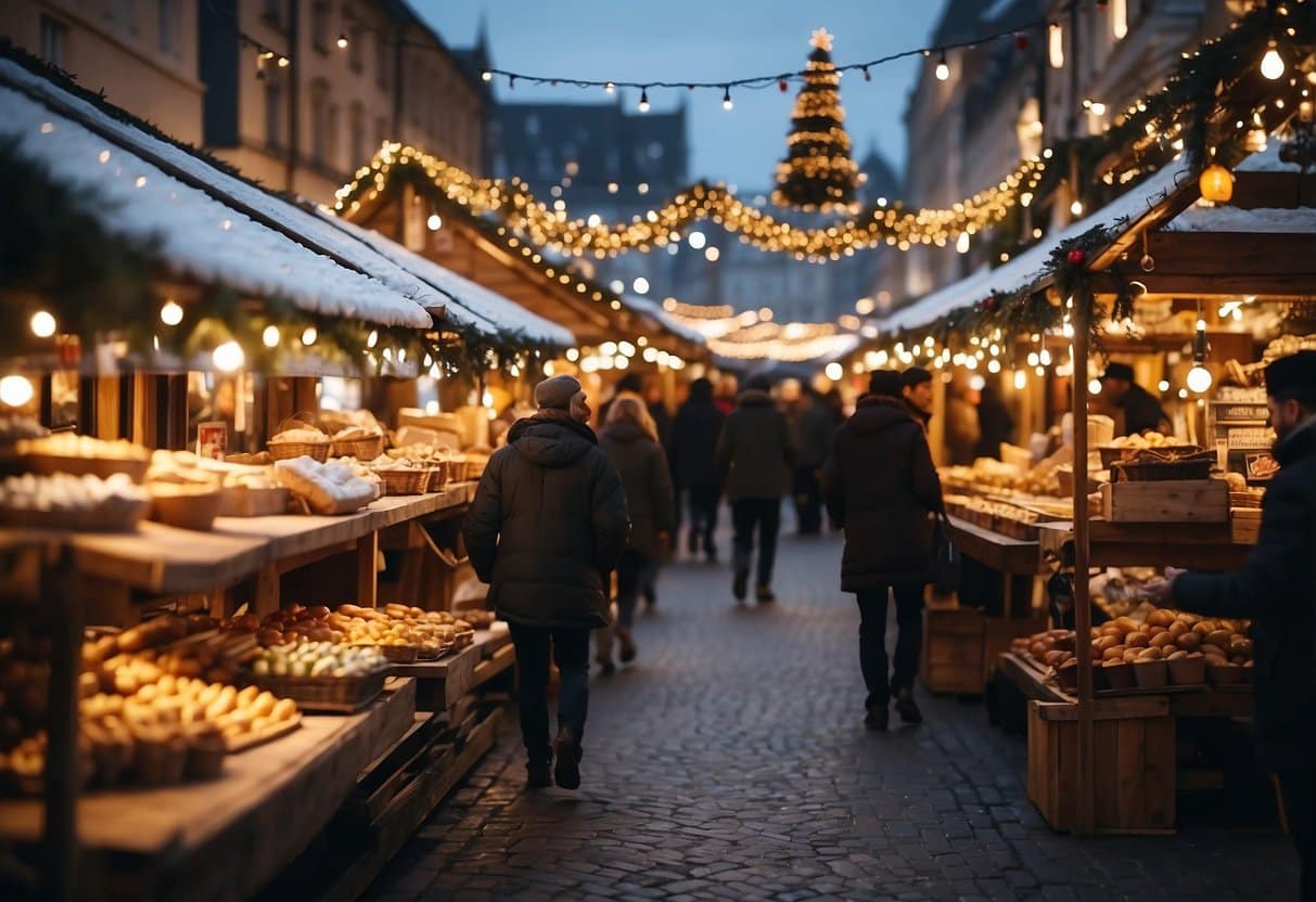 The bustling Christmas market is adorned with twinkling lights, festive decorations, and a variety of food stalls offering traditional holiday treats