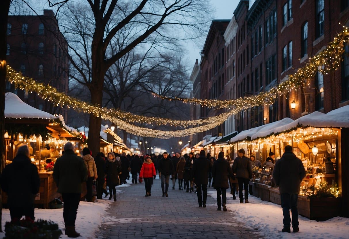 A festive holiday market in Hudson Valley, NY, bustling with vendors, twinkling lights, and merry shoppers, set against a backdrop of snow-covered mountains