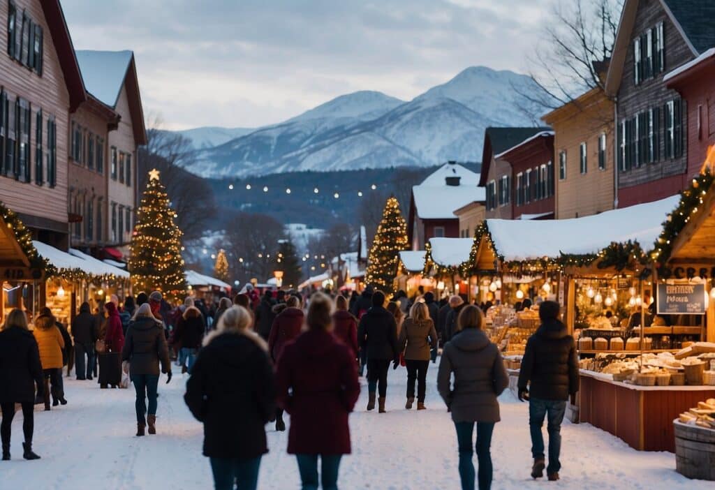 People stroll through a bustling outdoor Christmas Market in New York State 2024, with festive decorations and snow-covered surroundings. Snow-capped mountains are visible in the background.