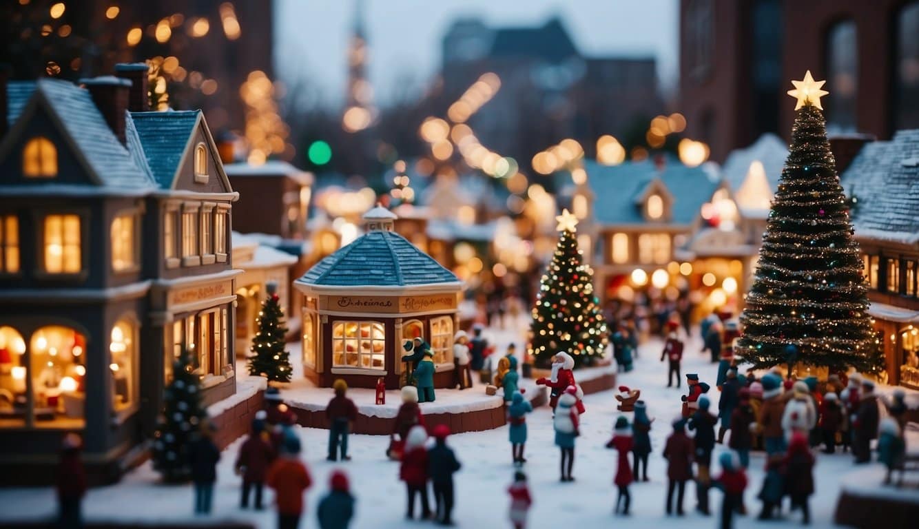 A bustling Christmas village in Philadelphia, with colorful stalls, twinkling lights, and festive decorations