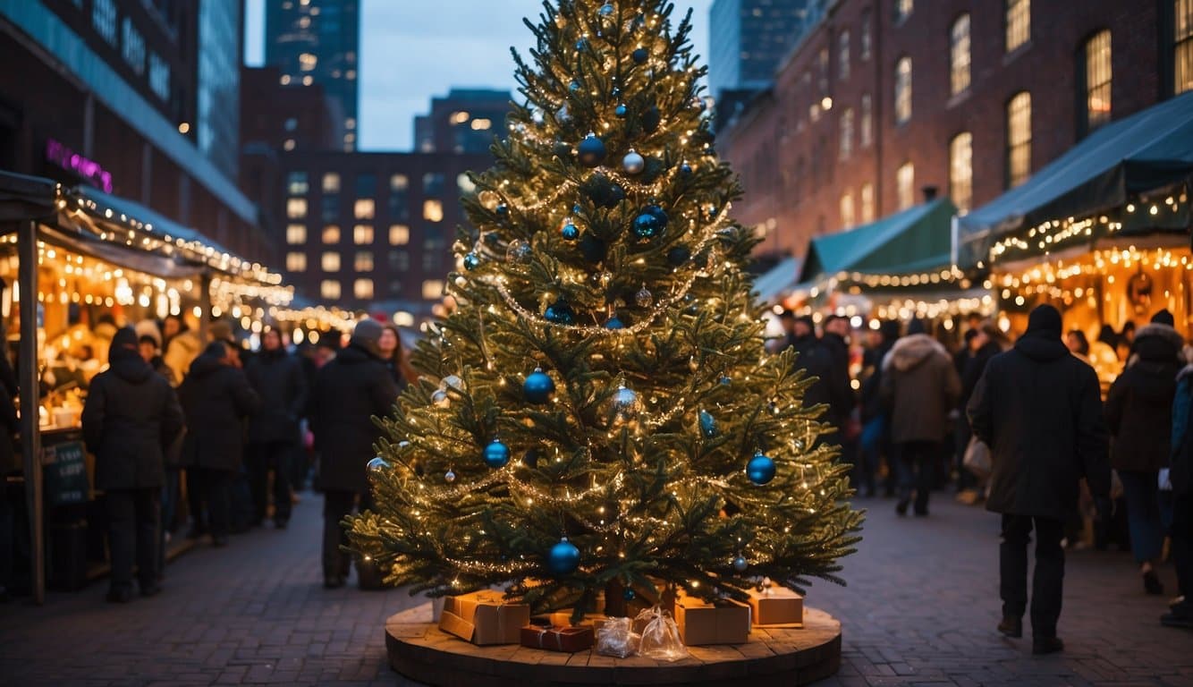 A bustling street adorned with colorful Christmas lights and decorations, with crowds of people enjoying festive markets and joyful festivities