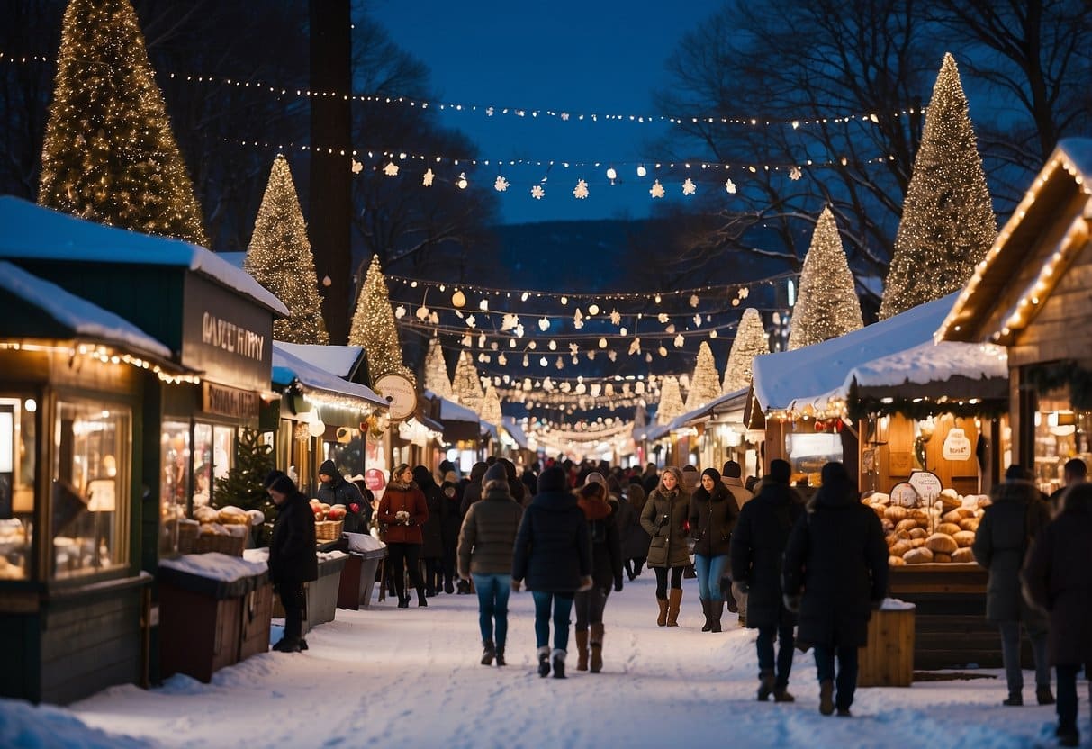 The snow-covered Lake George Winter Carnival Christmas Markets bustle with festive stalls and twinkling lights in New York State 2024