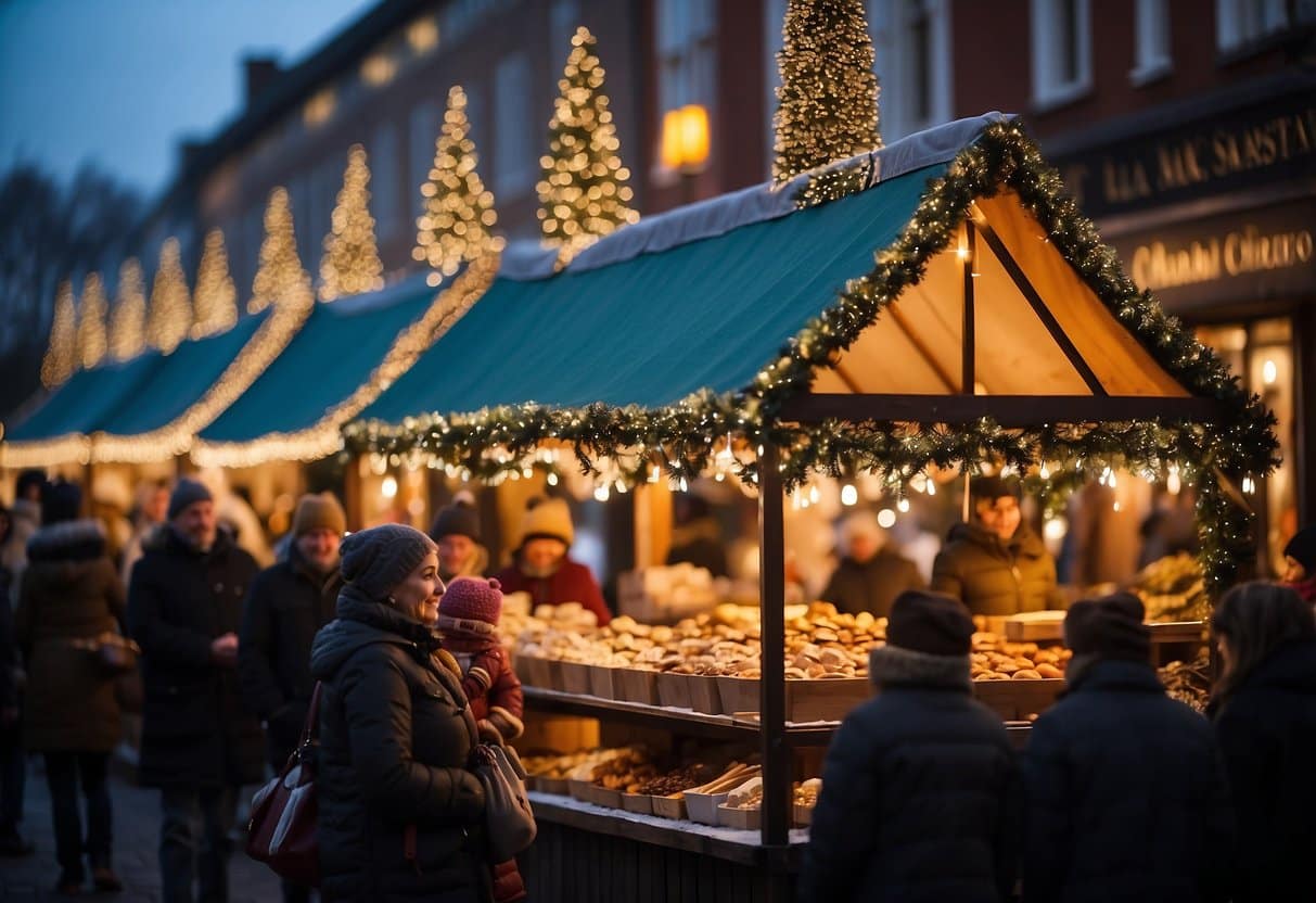 People browsing and buying items at a festive outdoor market with decorated stalls and Christmas lights in the evening, reminiscent of one of the Top 10 Christmas Markets in California.