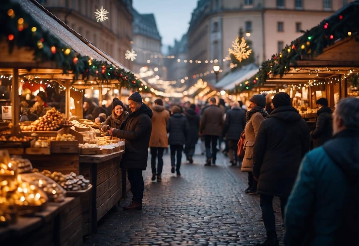 A bustling Christmas market with colorful stalls, twinkling lights, and festive decorations. Crowds of people browse and shop, while the scent of hot cocoa and roasted chestnuts fills the air