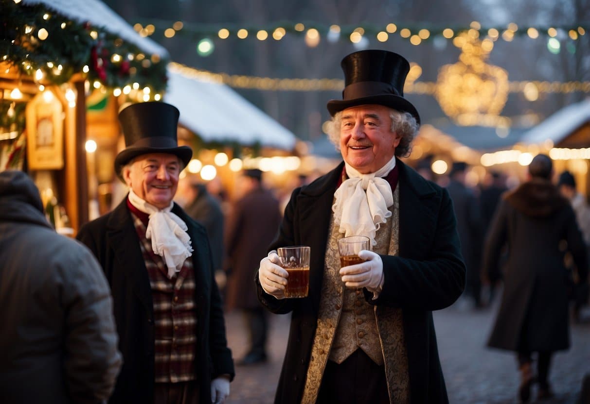 The Great Dickens Christmas Fair is bustling with festive stalls, carolers, and Victorian characters. The air is filled with the scent of roasted chestnuts and mulled wine, creating a magical holiday atmosphere