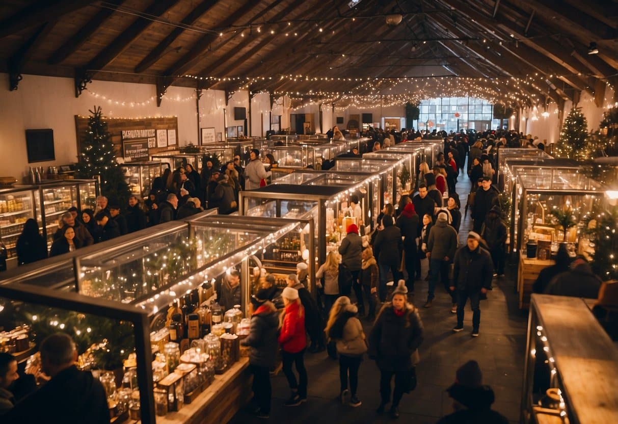 A bustling San Francisco Christmas market with vendors, twinkling lights, and festive decorations. People browse through stalls filled with holiday gifts and treats