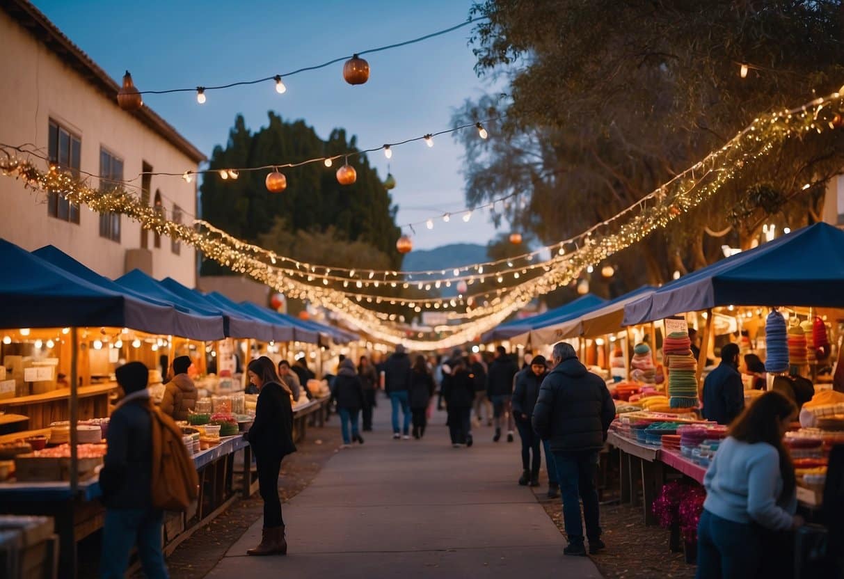 A bustling holiday market in Temecula, California with festive stalls, twinkling lights, and joyful shoppers browsing for unique Christmas gifts