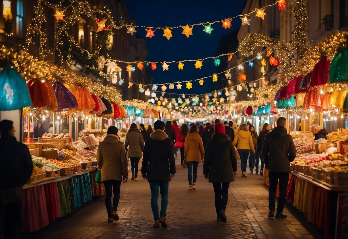 Colorful stalls line the streets, adorned with twinkling lights and festive decorations. Visitors browse handcrafted gifts and sample traditional holiday treats. Music and laughter fill the air, creating a joyful atmosphere