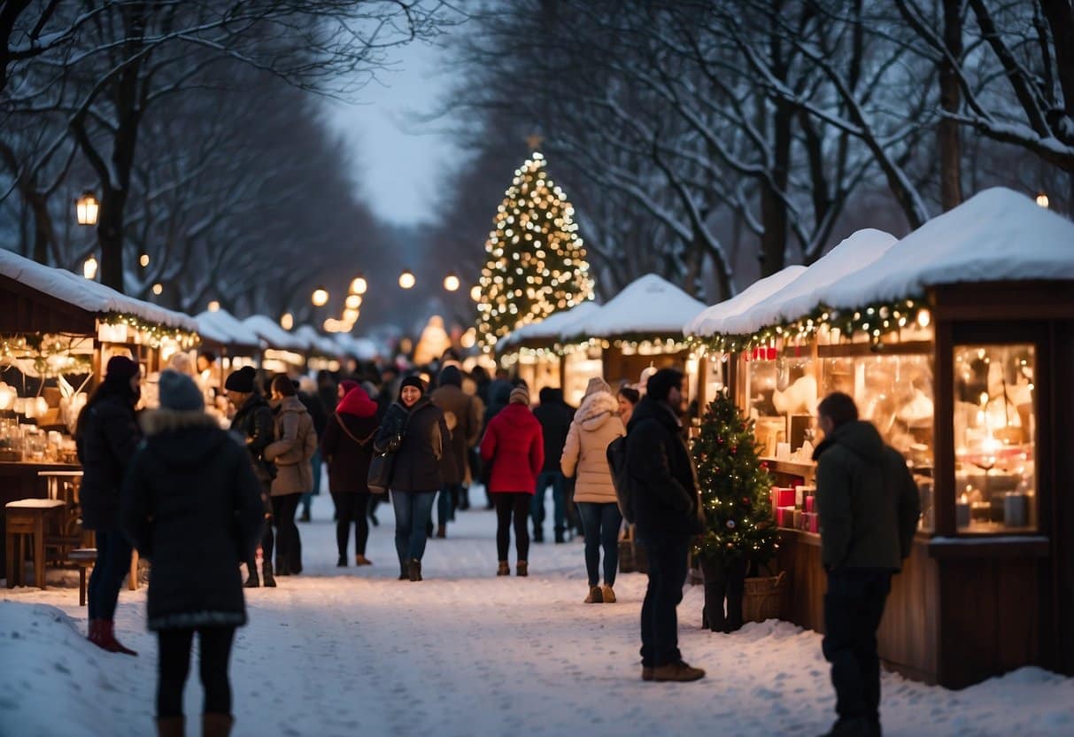 Snow-covered booths line the river, adorned with twinkling lights and festive decorations. A towering Christmas tree stands in the center, surrounded by joyful visitors browsing handmade gifts and sipping hot cocoa