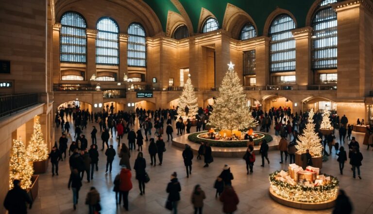 People walk through a large hall decorated with multiple Christmas trees and festive lights. The hall features arched windows, high ceilings, and a festive atmosphere.