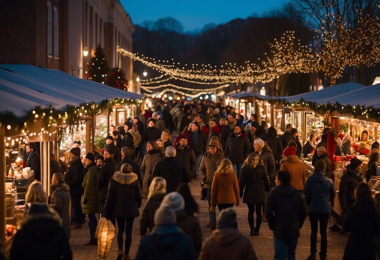 Crowds browse festive stalls at Virginia's top Christmas markets. Vendors sell handmade crafts, seasonal treats, and holiday decorations. Twinkling lights and live music create a merry atmosphere