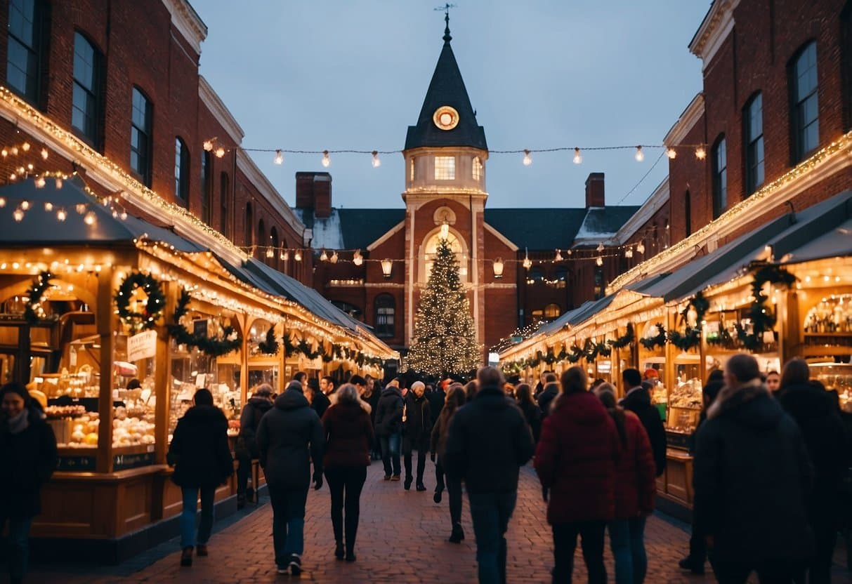 A crowded outdoor holiday market, one of the Top 10 Christmas Markets in Virginia, features people walking between decorated wooden stalls, illuminated by string lights, with a large Christmas tree in the background. Brick buildings flank the festive scene.