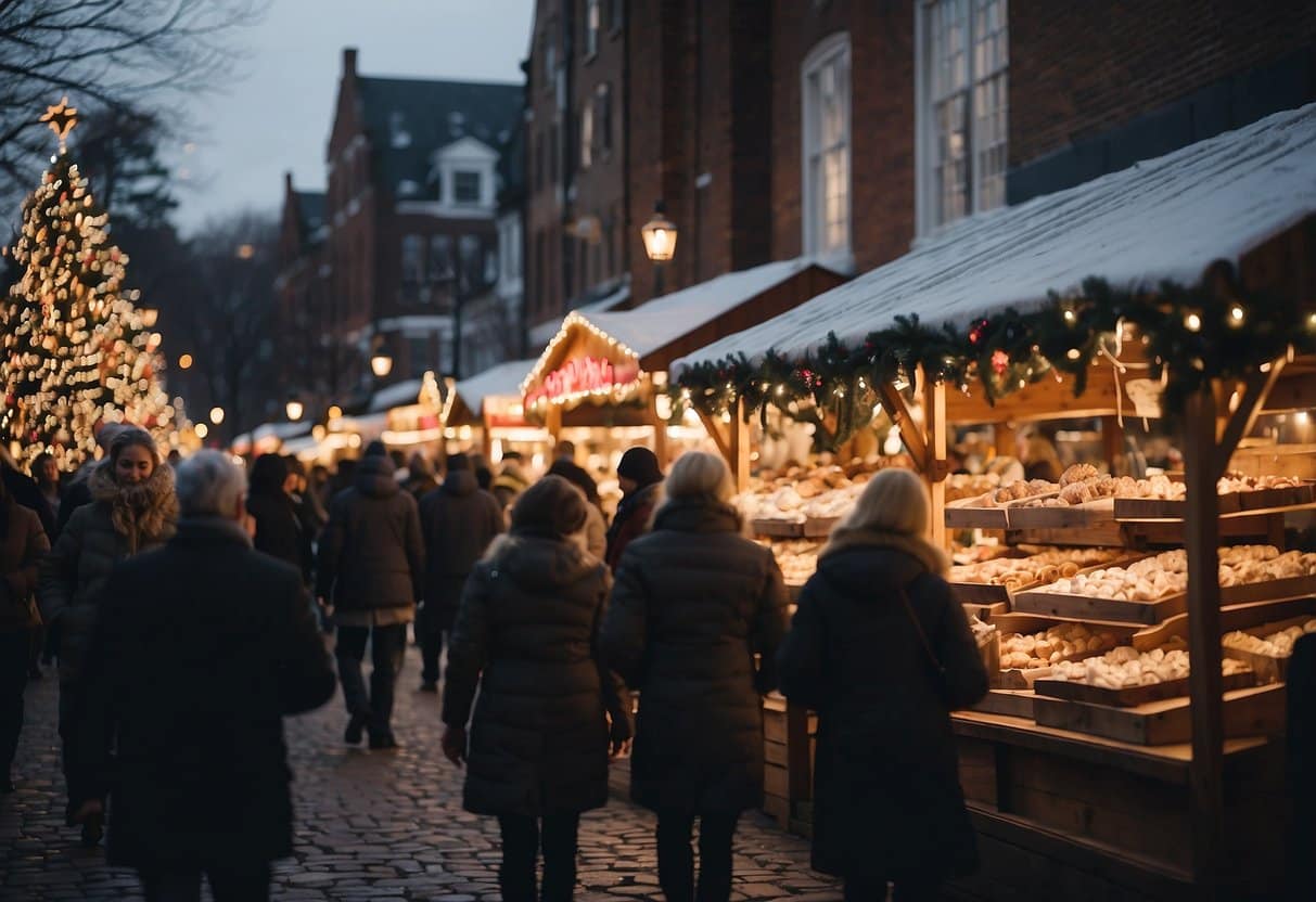 The Christkindl Market at Texas de Brazil is bustling with festive activity, as vendors display their wares and visitors enjoy the holiday atmosphere. The scent of mulled wine and roasted nuts fills the air, while twinkling lights and decorations create a magical