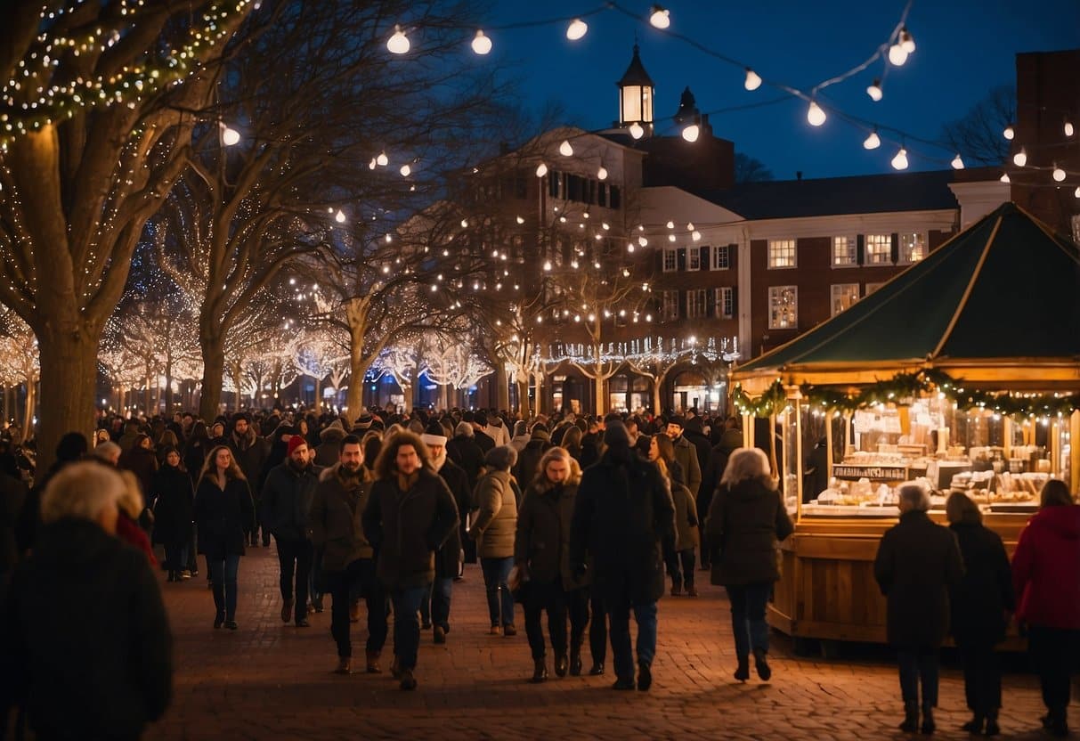 The Grand Illumination in Charlottesville, Virginia, features a festive Christmas market with twinkling lights, charming stalls, and joyful holiday decorations