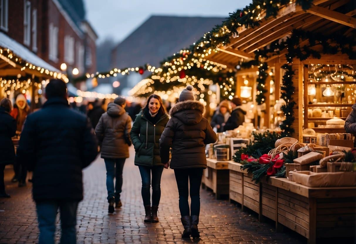 A festive market with twinkling lights, decorated stalls, and a towering Christmas tree. Visitors browse handmade gifts and enjoy seasonal treats