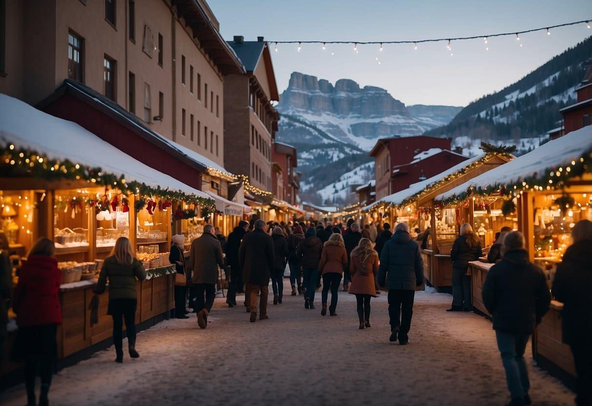 Crowds gather at the festive Christmas markets in Wyoming. Colorful stalls line the streets, offering handmade crafts, seasonal treats, and twinkling lights create a cozy atmosphere