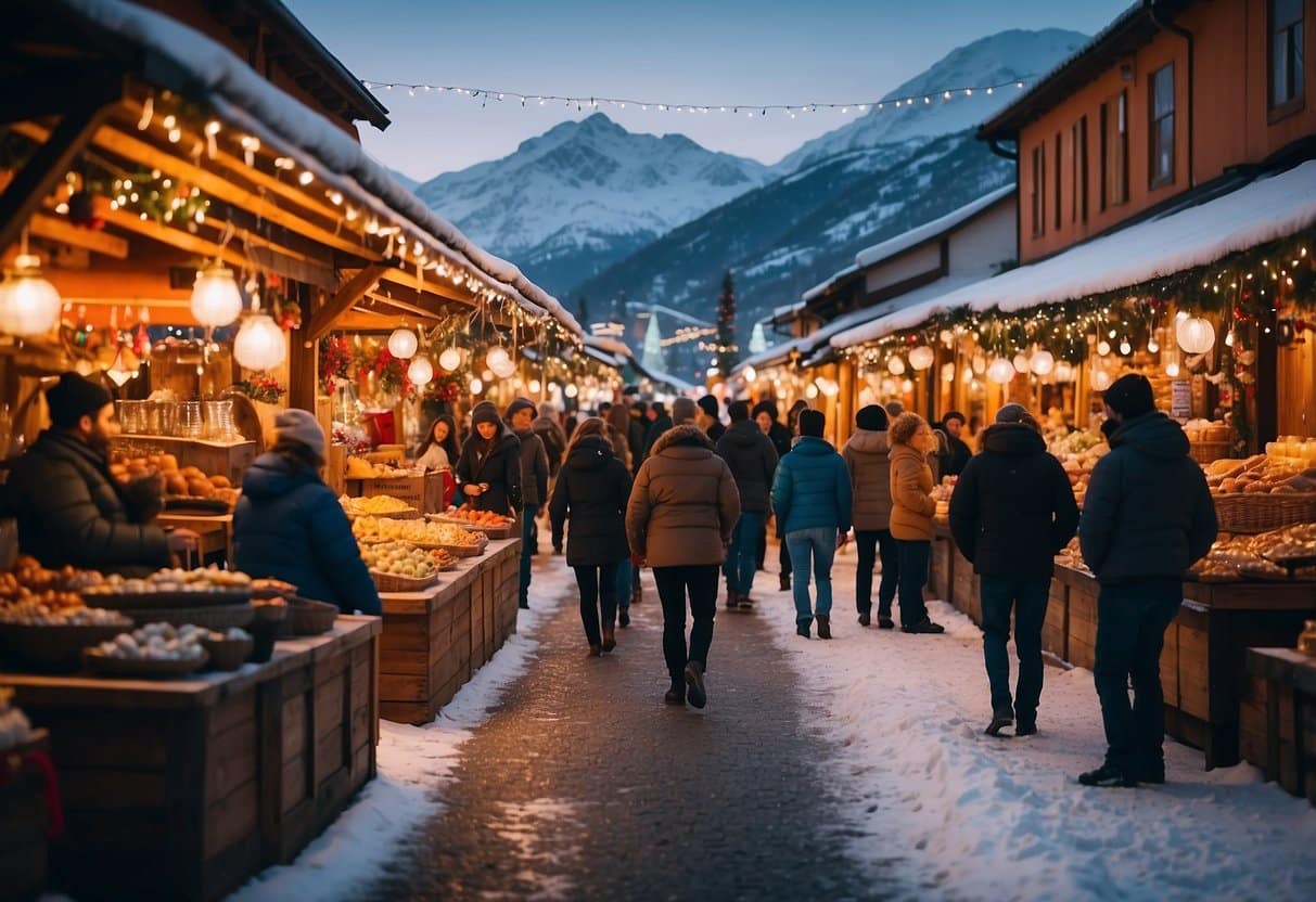 A snowy landscape with festive market stalls, twinkling lights, and snow-capped mountains in the background