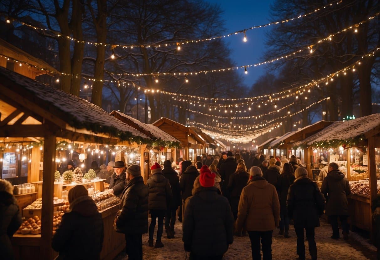 The festive market is filled with traditional wooden stalls, twinkling lights, and the scent of mulled wine and roasted chestnuts. Visitors browse handcrafted ornaments and gifts while carolers fill the air with holiday cheer