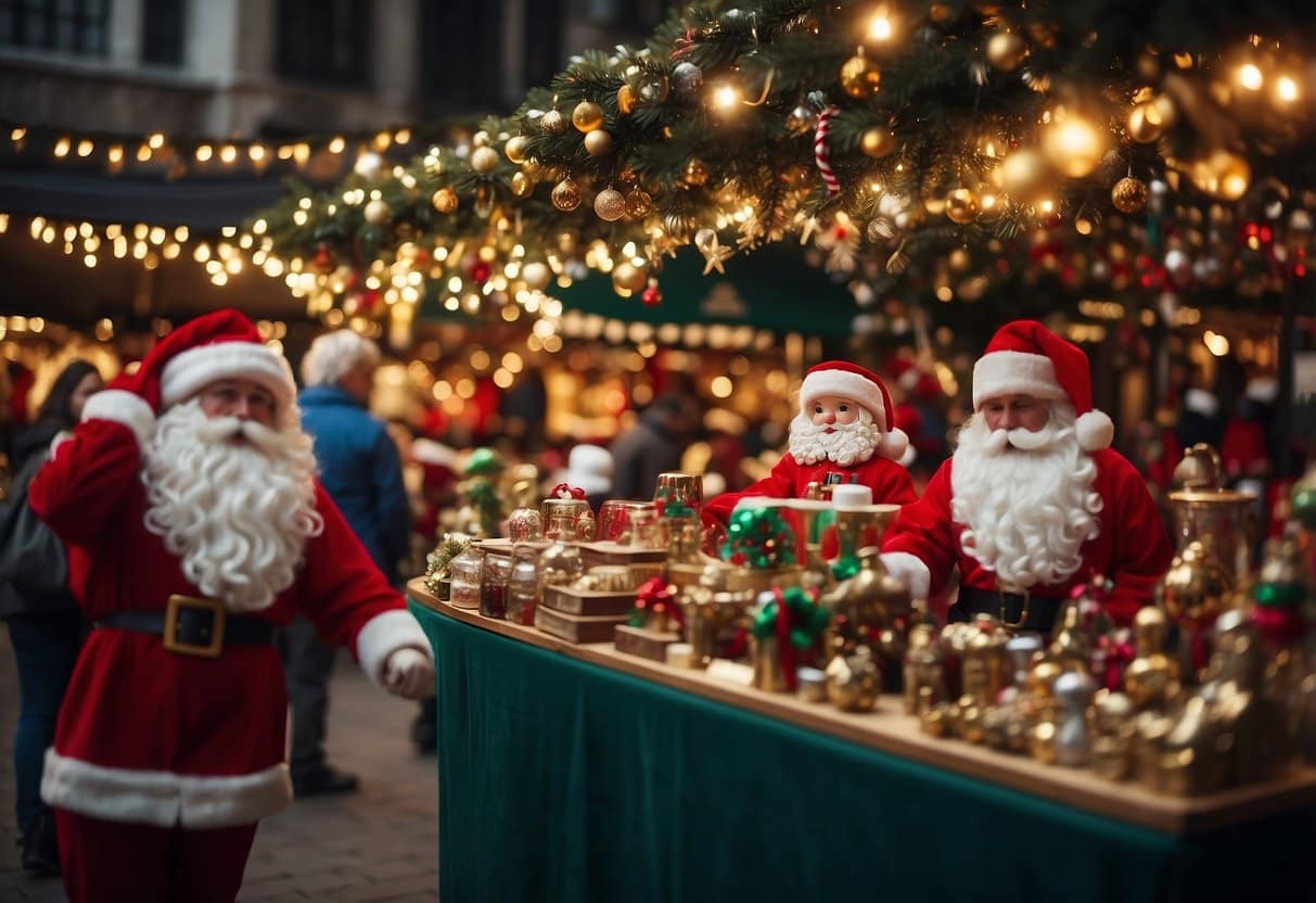 Three individuals dressed as Santa Claus stand behind a festive stall selling holiday-themed items at one of the Top 10 Christmas Markets in Wisconsin, with twinkling lights and ornaments decorating the scene.