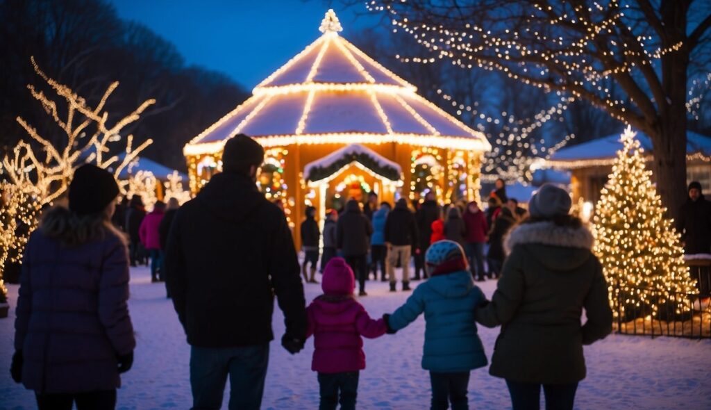 A family of four, holding hands, walks towards a gazebo decorated with lights during a winter evening event. Snow covers the ground and trees adorned with lights are visible in the background.