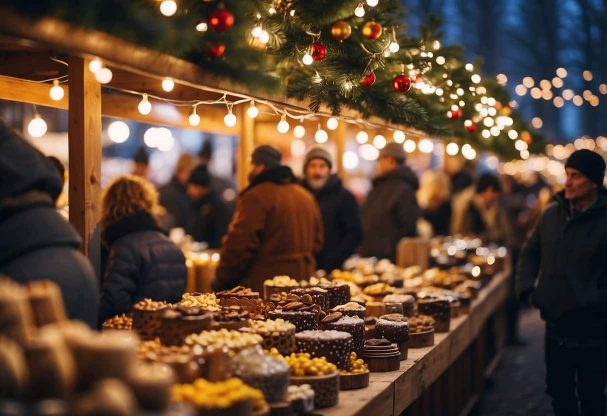 A bustling holiday market with twinkling lights, festive decorations, and a variety of vendor stalls selling handmade gifts and seasonal treats