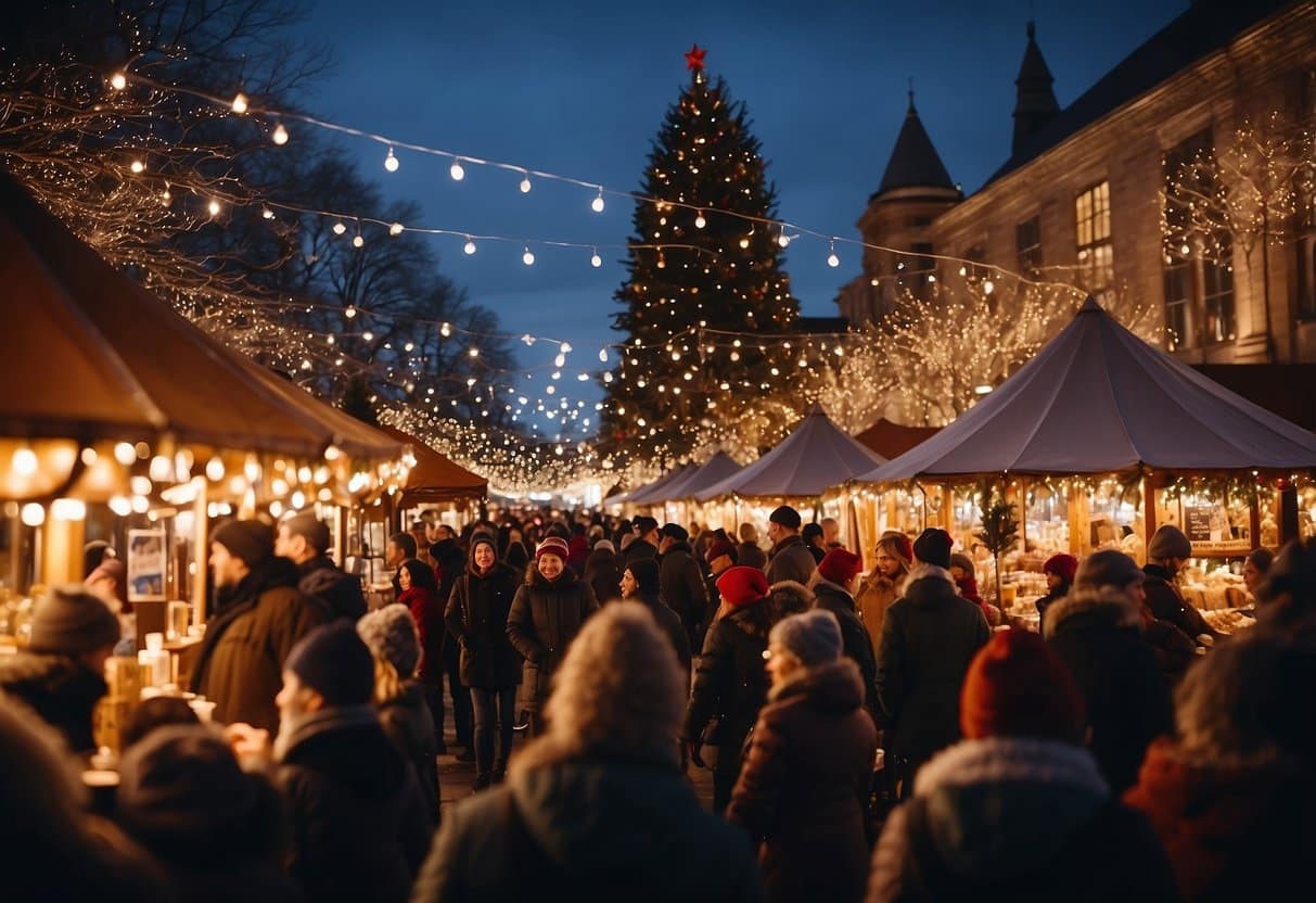 Crowds browse festive stalls at the top 10 Christmas markets in Wisconsin. Glowing lights, fragrant treats, and cheerful music create a joyful holiday atmosphere