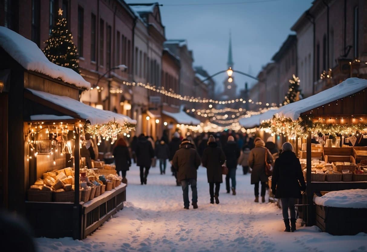 Snow-covered streets lined with festive stalls selling handmade crafts, hot cocoa, and holiday treats. Twinkling lights adorn the historic buildings, creating a magical winter wonderland atmosphere