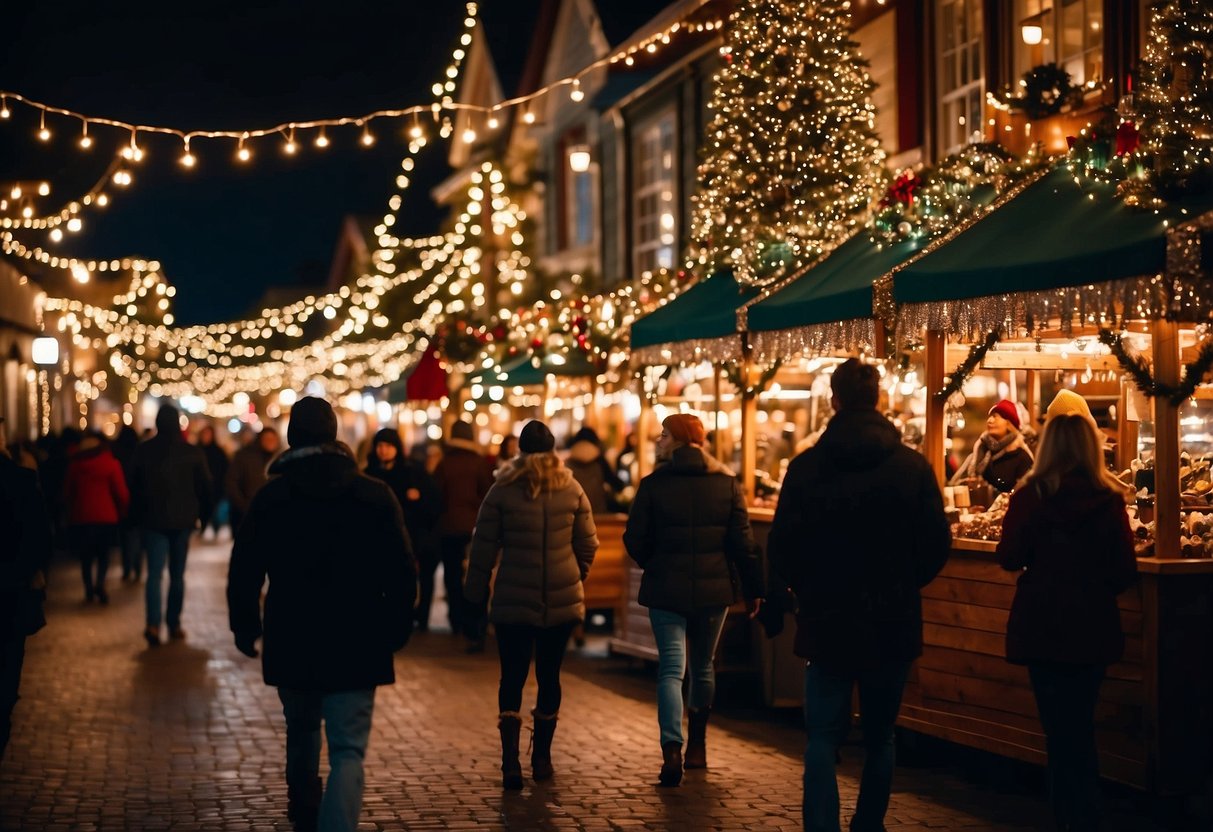 A festive scene with colorful stalls, twinkling lights, and bustling crowds at the top 10 Christmas markets in Washington State