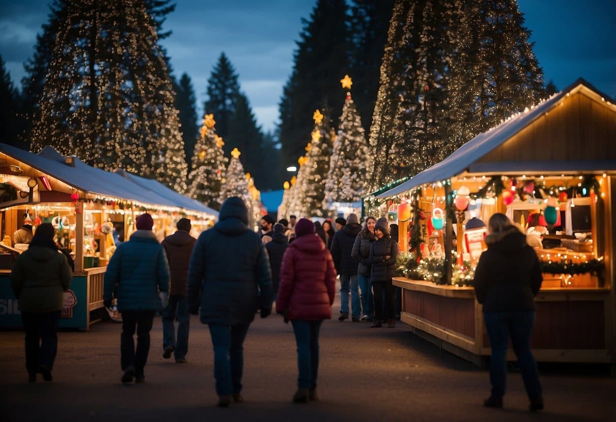 A festive scene at Evergreen State Fair Winterfest, with colorful stalls, twinkling lights, and a towering Christmas tree