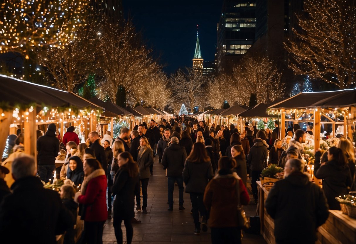 A bustling outdoor Christmas market at night with crowds of people, lit trees, and festive stalls, earning its spot among the Top 10 Christmas Markets in Washington State.