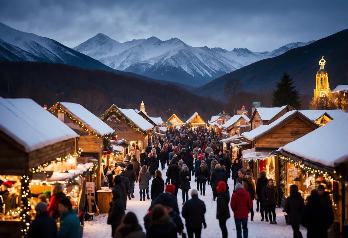 The Manchester Holiday Bazaar bustles with festive stalls and twinkling lights, surrounded by snow-capped mountains. A jolly atmosphere fills the air as visitors browse through the top 10 Christmas markets in Vermont