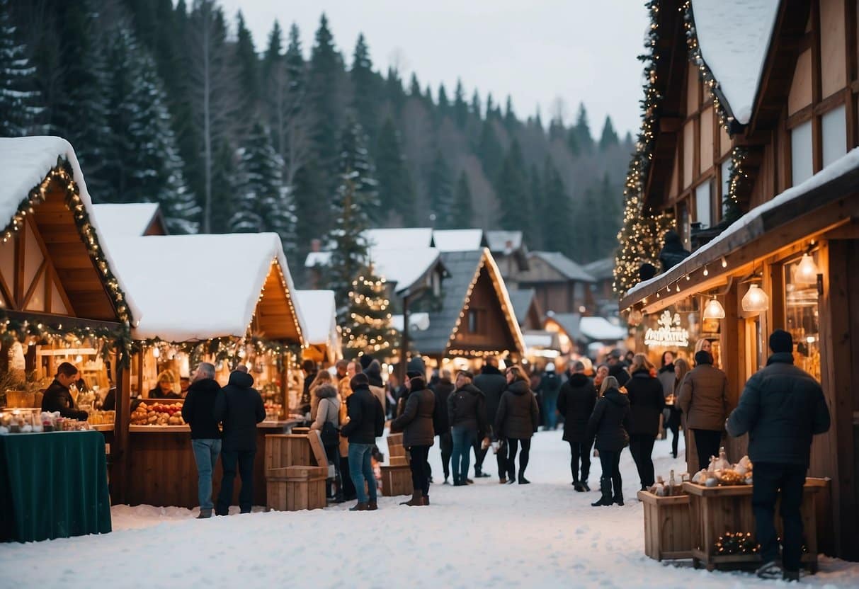 A snow-covered town square with festive stalls selling handmade ornaments, warm spiced cider, and twinkling lights, surrounded by towering pine trees