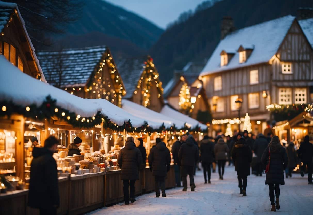 A snow-covered Christmas market with wooden stalls, holiday lights, and people walking in the evening—an experience worthy of the Top 10 Christmas Markets In Vermont.