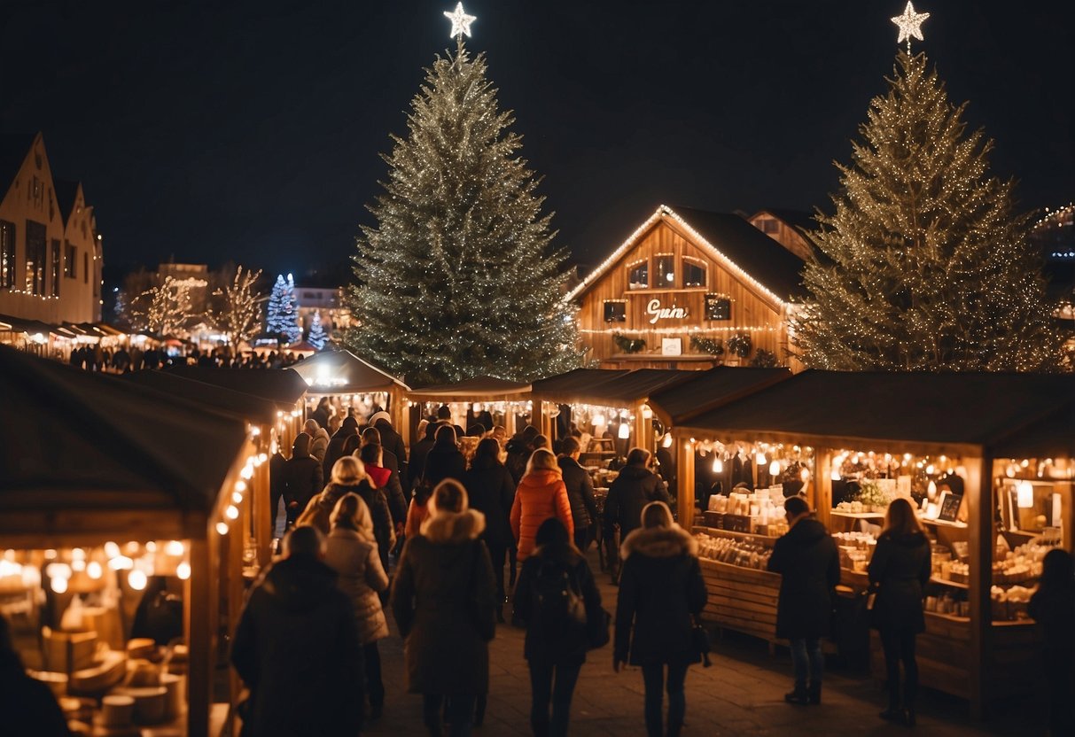 A festive holiday market with twinkling lights, cozy wooden stalls, and a towering Christmas tree. Shoppers browse handmade crafts and seasonal treats