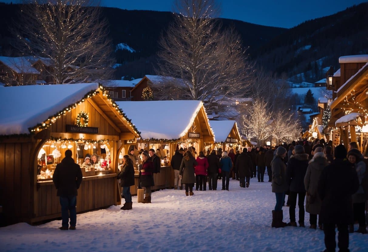 A festive scene at Park City Christkindlmarkt with twinkling lights, wooden stalls, and merry visitors enjoying traditional holiday treats and crafts