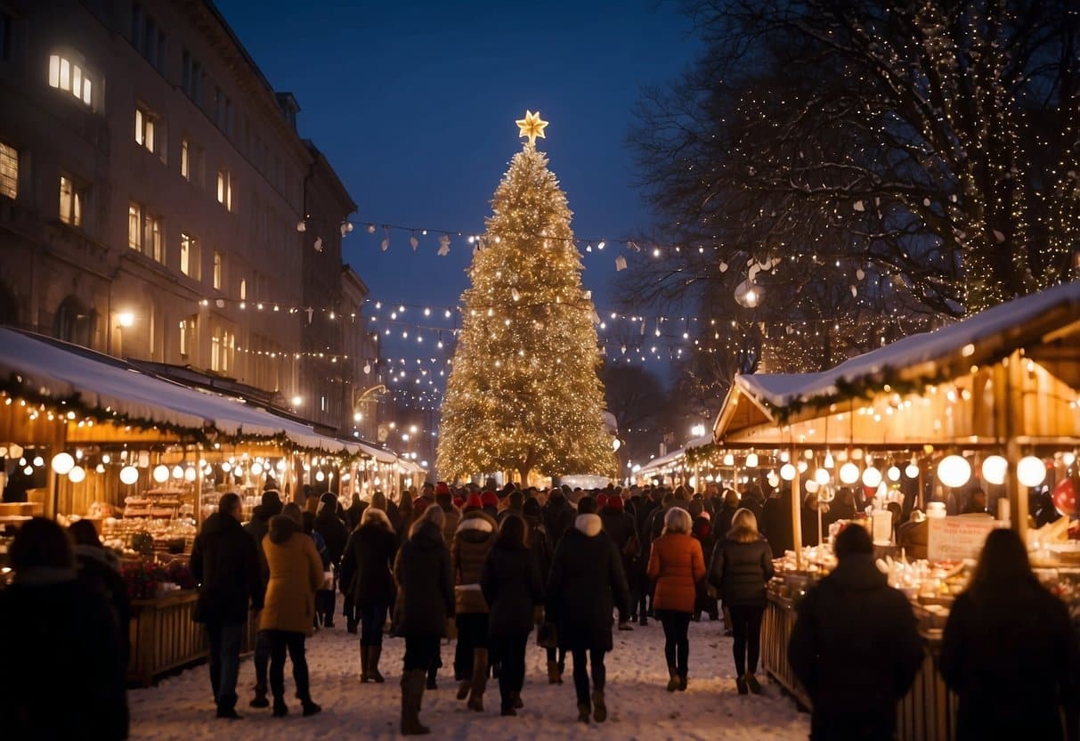 Crowds browse festive stalls, adorned with twinkling lights and colorful decorations. A giant Christmas tree towers over the market, while the scent of hot cocoa and cinnamon fills the air