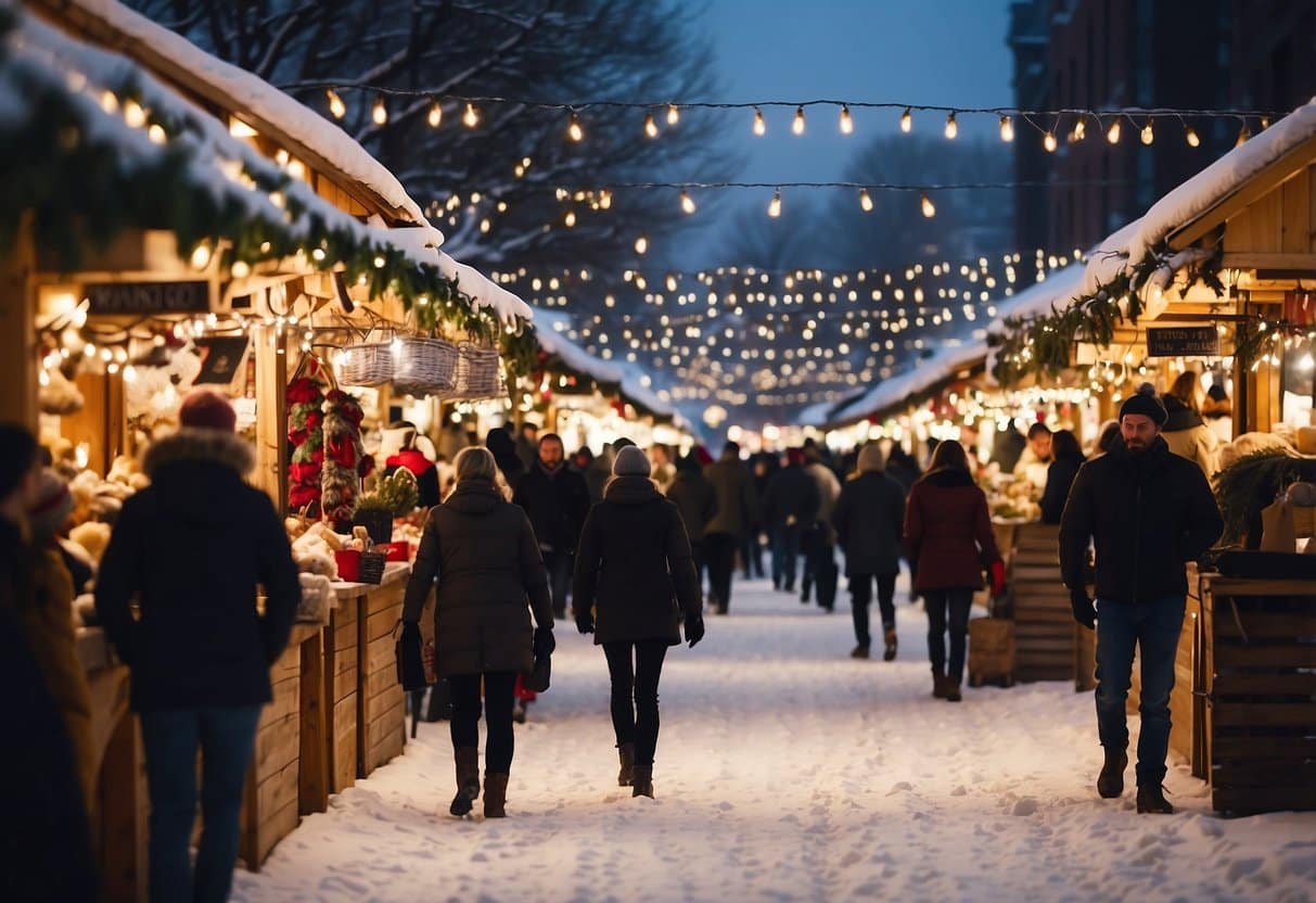 Snow-covered stalls line the streets, adorned with twinkling lights and festive decorations. Crowds of merry shoppers browse through a variety of handmade crafts, artisanal goods, and delicious holiday treats