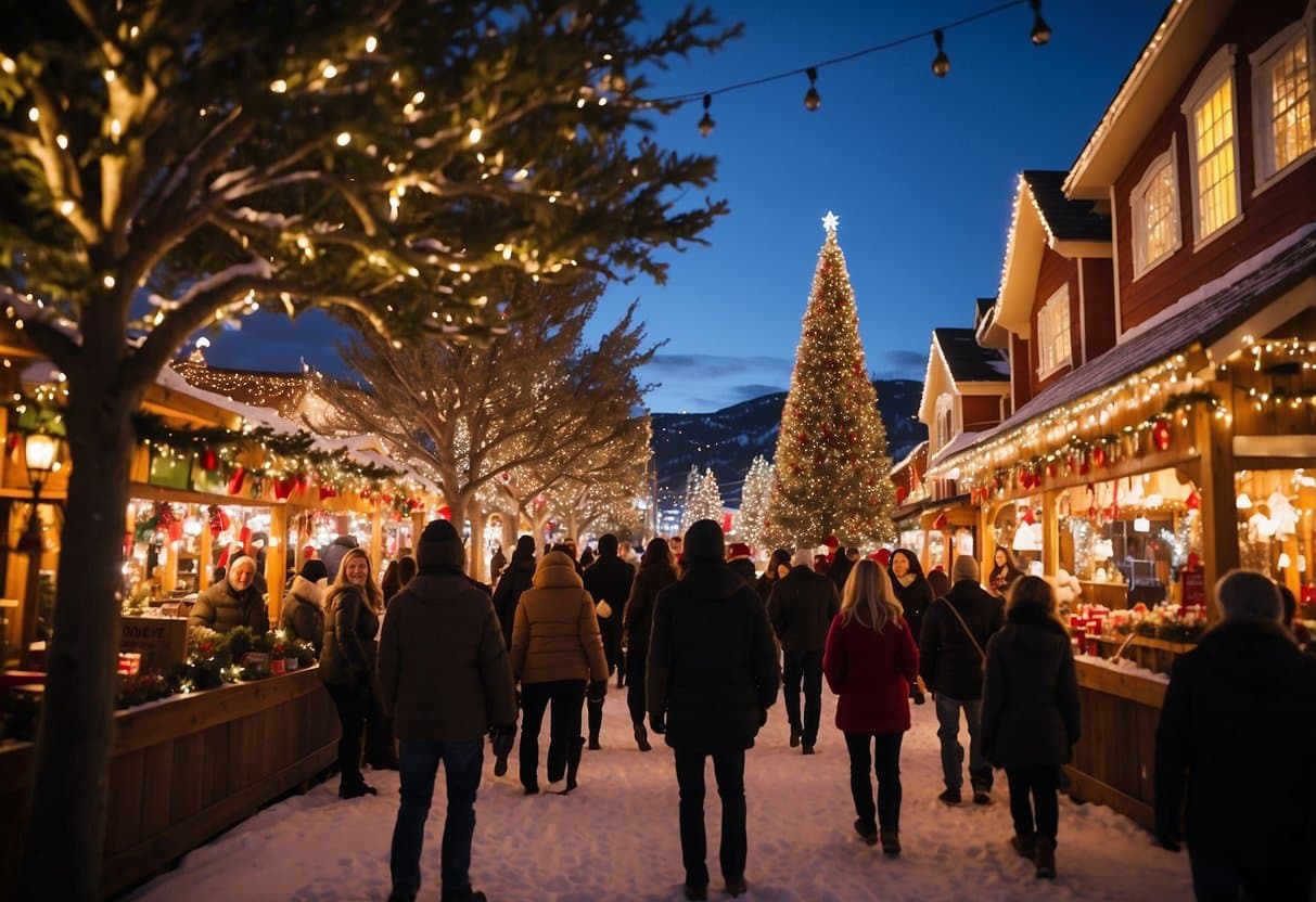 The Kaysville Christmas Village glows with twinkling lights, surrounded by festive market stalls and a towering Christmas tree