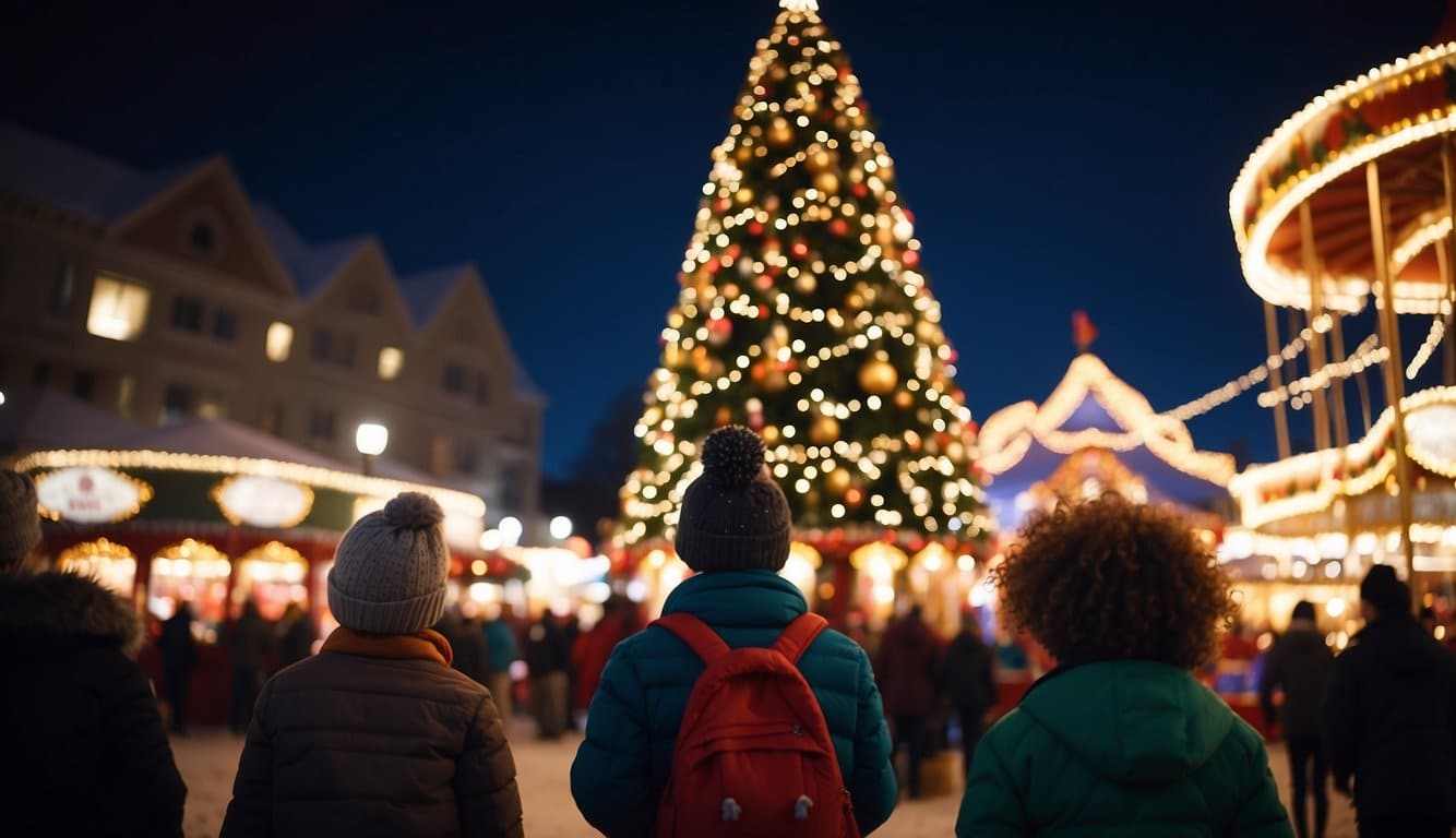 Families gather around a giant Christmas tree, adorned with colorful lights and ornaments, while children excitedly ride a carousel and enjoy festive treats at a holiday festival