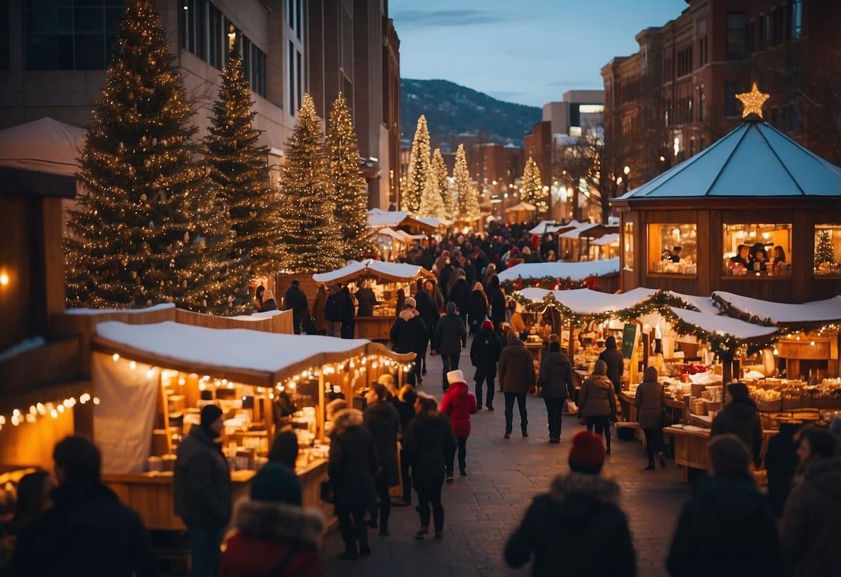 A bustling outdoor holiday market at dusk with festive lights, decorated Christmas trees, wooden stalls, and a crowd of people shopping—truly one of the Top 10 Christmas Markets in Utah.