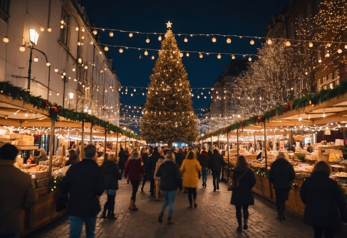 Festive market stalls line the streets, adorned with twinkling lights and colorful decorations. A giant Christmas tree stands in the center, surrounded by joyful shoppers and the scent of holiday treats